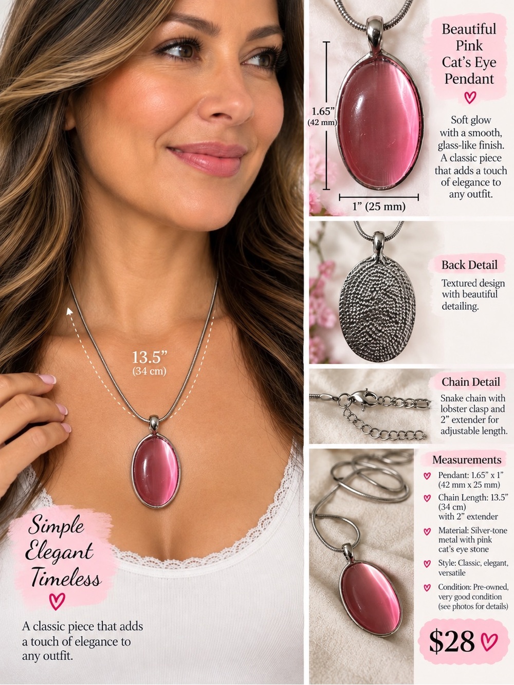 Pink Cat's Eye Oval Pendant Necklace - Unbranded